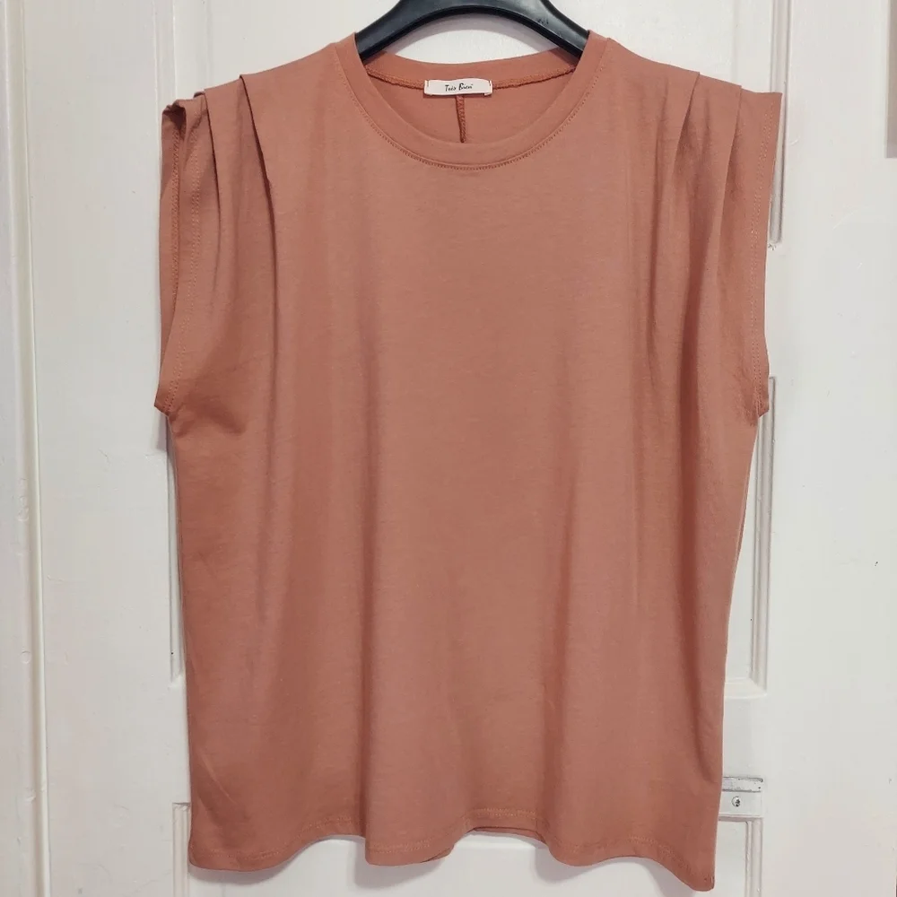 Sleeveless Blouse Womens Large Peach Shoulder Pleated Tank Top Fit Relaxed - Picture 6 of 13